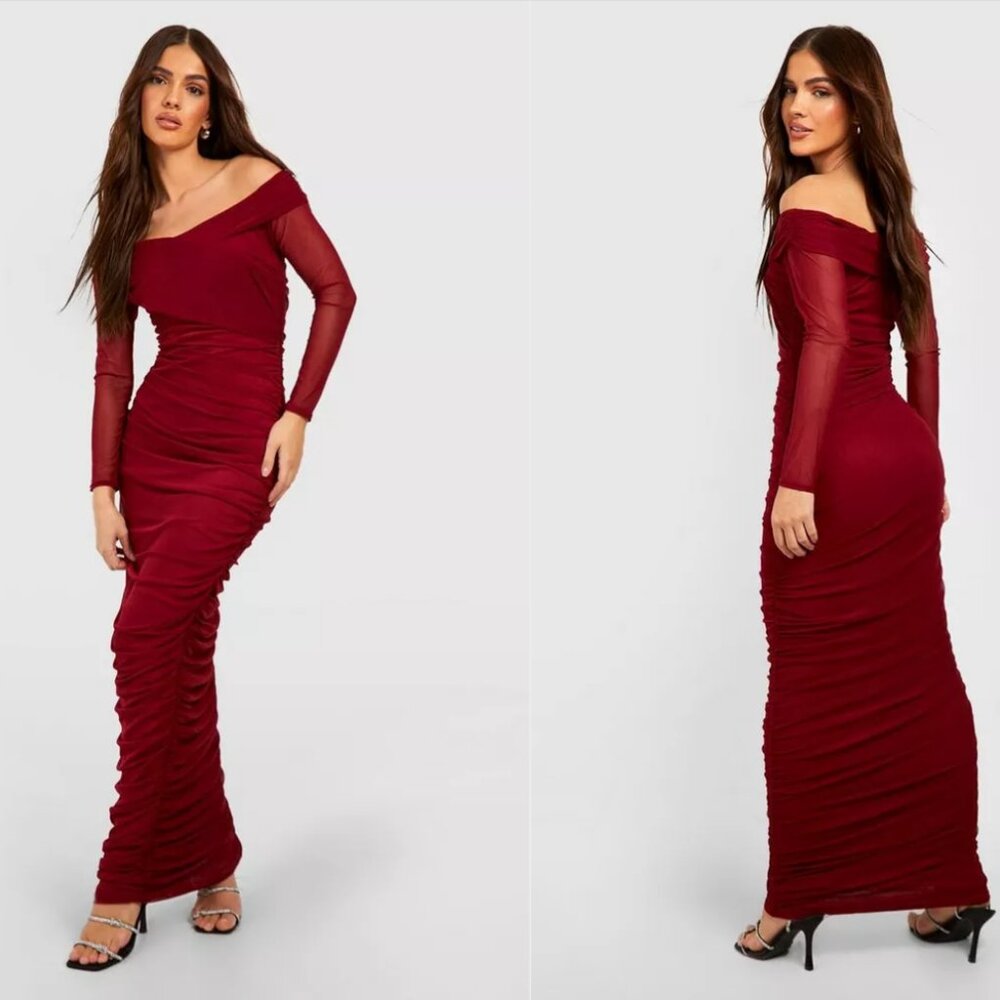 "BOOHOO" RUCHED MESH OFF THE SHOULDER MAXI DRESS US size 8